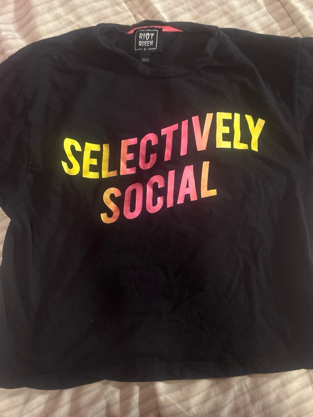 Riot Queen Black Crop Top with Yellow-Pink Gradient "Selectively Social"